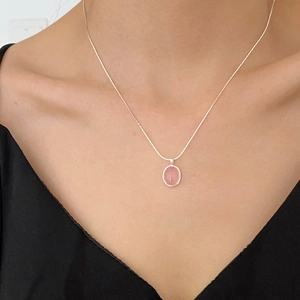 Elegant S925 sterling silver necklace with oval pink chalcedony on a snake chain