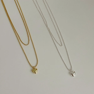Minimalist double layer S925 sterling silver necklace with puffy heart pendants in gold and silver