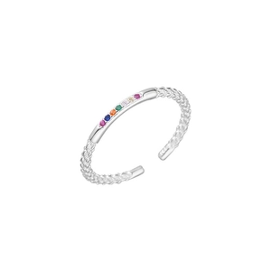 Minimalist S925 silver open ring with colorful zircons and woven rope texture band