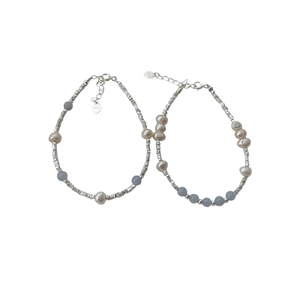 S925 sterling silver beaded bracelet set with baroque pearls and aquamarine stones