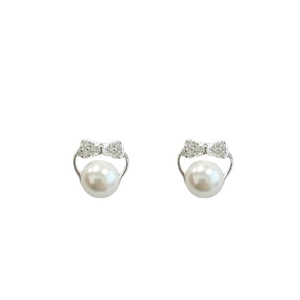 999 Sterling silver bow stud earrings with sparkling zircon and white pearls for women