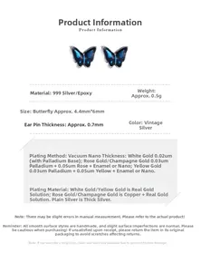 Detailed specs for 999 silver blue butterfly stud earrings with dimensions and weight