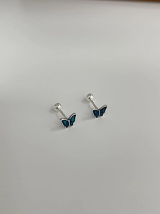 Detailed macro view of blue gradient butterfly earrings with secure screw-back ball closures