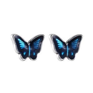 Minimalist 999 sterling silver butterfly stud earrings with blue enamel wings design