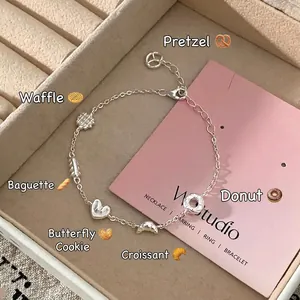 Bracelet en argent sterling S925 avec breloques pâtissières, bretzel et gaufre