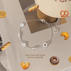 Bracelet en argent sterling S925 avec breloques de pain et croissant pour femme