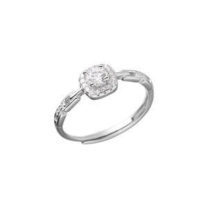 Elegant silver square halo ring with round zircon and chain link adjustable band design