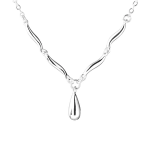 Minimalist S925 sterling silver waterdrop wave necklace with polished finish on white backdrop