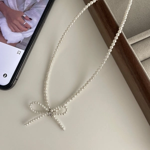 Elegant Bow Artificial Pearl Necklace 925 Sterling Silver Chain Zirconia Pendant Korean Minimalist Style Jewelry For Women