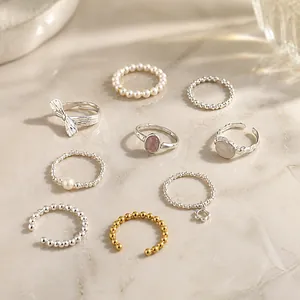 Minimalist S925 sterling silver ring set featuring pearls and beads in various designs