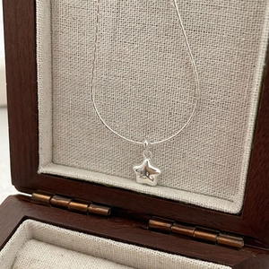 Polished S925 silver star pendant necklace with smile face engraving in a wooden gift box