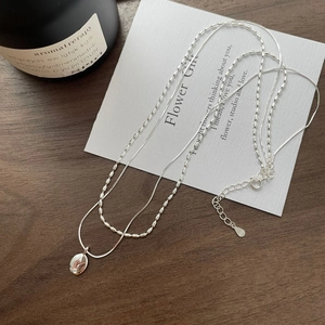 925 Sterling Silver Double Layer Necklace For Women Minimalist Korean Style Polished Oval Pendant Bead Snake Clavicle Chain Jewelry