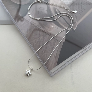 Macro view of polished silver star pendant with adjustable chain and teardrop tag