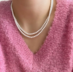 Double-layer 925 sterling silver pearl necklace with shiny white round beads for women