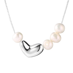 Minimalist S925 silver necklace with heart pendant and four white freshwater pearls