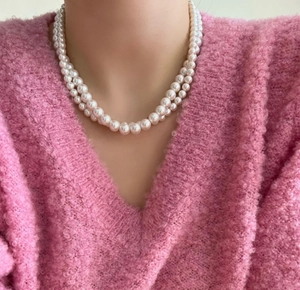 Close-up of double-layer 925 silver necklace with round white high-luster pearls