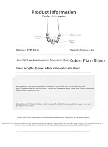 Detail of S925 silver necklace featuring 5-8mm cat-eye beads and 44cm plus 5cm extension