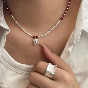 S925 silver necklace with red beads, bell pendant and minimalist wide band ring set