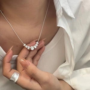Minimalist S925 sterling silver frosted cat-eye bead necklace and wide band ring set