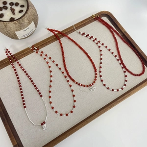 Elegant S925 sterling silver red agate bead necklaces with bow and bell pendants