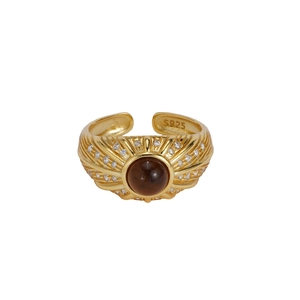 Bague vintage S925 argent avec œil de tigre, fini brossé doré et motif soleil en zircon
