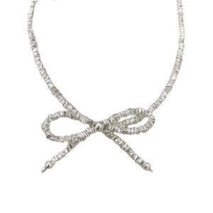 S925 sterling silver bow necklace with crushed silver texture and minimalist design