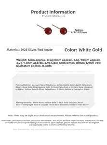 Size chart for S925 silver red agate stud earrings showing 6mm to 12mm specifications