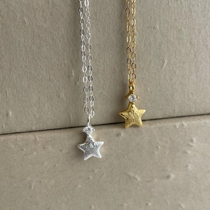 S925 sterling silver brushed star pendant necklace with zircon inlay in silver and gold