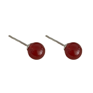 Minimalist S925 sterling silver stud earrings with polished red agate round beads