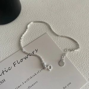 Detail view of S925 sterling silver snake chain with lobster clasp and adjustable round tag