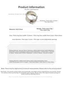 Detailed size specifications for S925 sterling silver rings with width and weight data