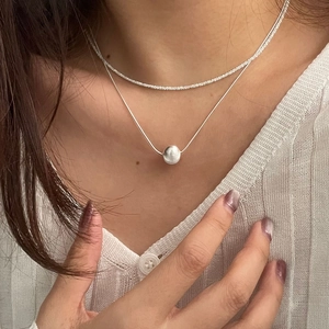 Collier double couche en argent sterling S925 avec perles œil de chat sur tricot
