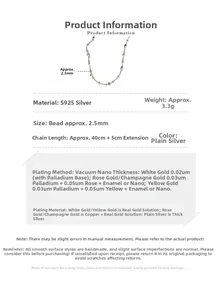 Detail view showing 2.5mm silver beads and 40cm plus 5cm extension on S925 necklace