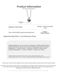 Vue détaillée du pendentif cœur en argent S925 avec mesures de la chaîne