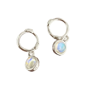 Minimalist S925 sterling silver earrings with round moonstone drop and blue fire highlights