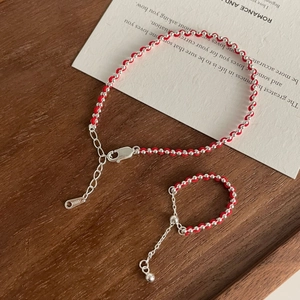 Minimalist S925 sterling silver beads and hand-woven red string bracelet and ring set