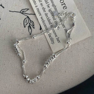 Bracelet Double Couche en Argent Sterling 925 pour Femme Minimaliste Perles Soucoupes Pendentif Cœur Chaîne Réglable Bijoux Cadeau