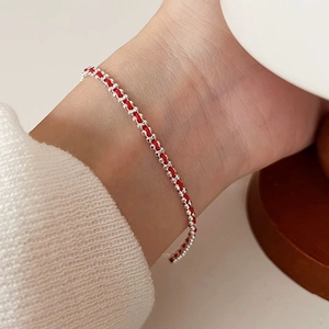 Handmade 925 Sterling Silver Red String Bracelet For Women Minimalist Adjustable Weaved Bead Ring Jewelry Set Accessory
