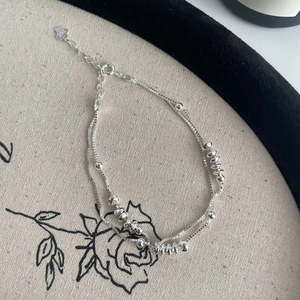 Bracelet double chaîne en argent fin S925 avec perles rondes et pendentif en cœur