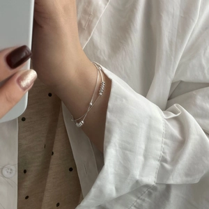 Bracelet double couche minimaliste en argent fin S925 avec petites perles rondes pour femme