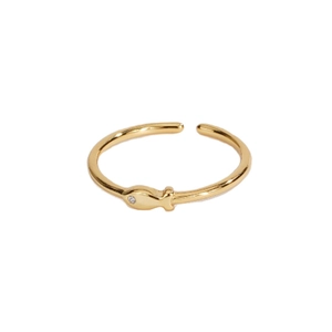 Minimalist S925 sterling silver open fish ring with zircon eye in a gold plated finish