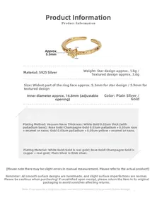 Detailed size specifications for adjustable S925 sterling silver star ring with gold finish