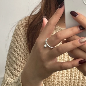 Bague perlée minimaliste en argent sterling S925 avec pendentif cœur en style selfie miroir