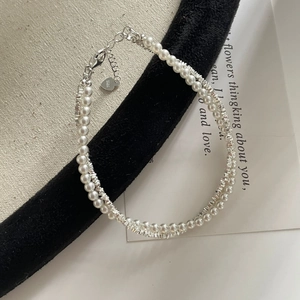Elegant S925 sterling silver layered pearl bracelet with silver crushed beads and adjustable clasp