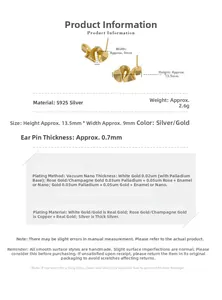 Detailed specs of S925 silver Mobius stud earrings with dimensions 13.5x9mm and 2.6g weight