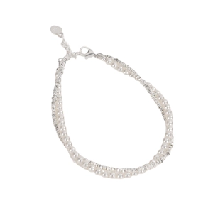 Elegant S925 sterling silver double-layer bracelet with pearls and twisted silver chain