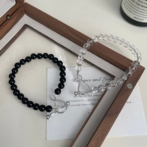 S925 silver infinity clasp bracelet with black agate and white crystal beads for couples