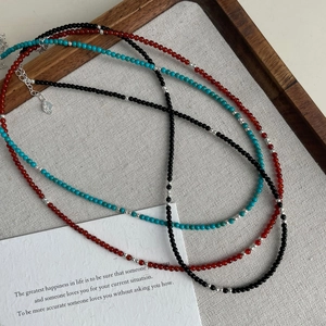 Collier en argent S925 avec perles turquoise et agate sur lin avec pendentif en cœur