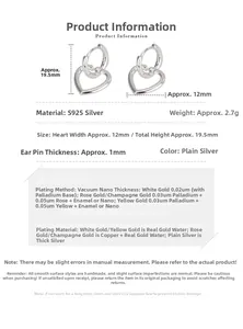 Detail showing dimensions and S925 sterling silver material of heart-shaped hoop earrings