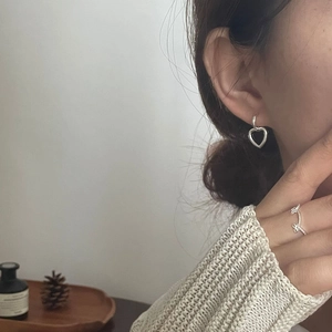 Minimalist 925 sterling silver heart hoop earrings and bow ring set for women